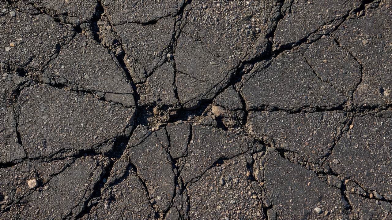 Close-up of branching cracks and aggregate texture on a worn asphalt surface
