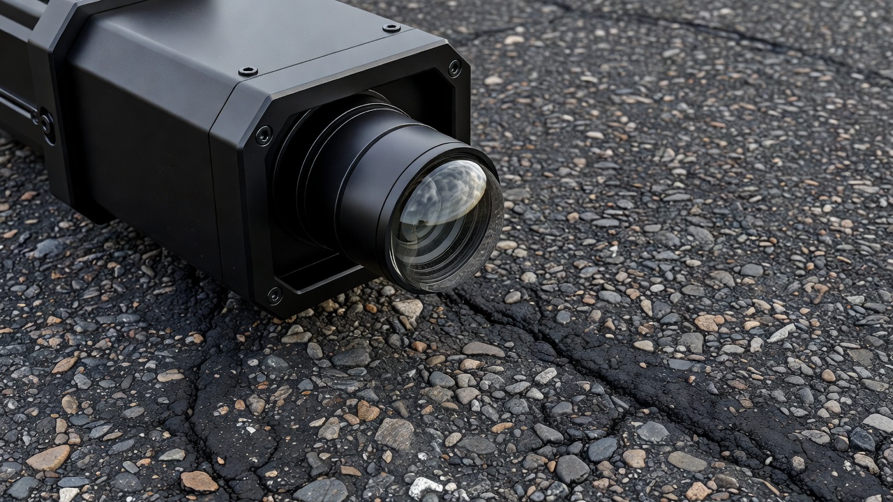 Close view of a protected survey camera lens beside a textured road surface