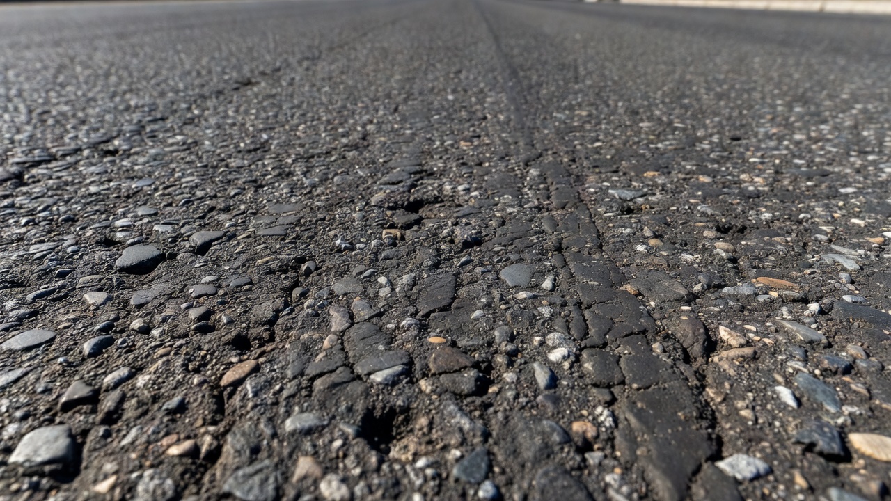 Vehicle-mounted inspection camera focused on textured asphalt at road level