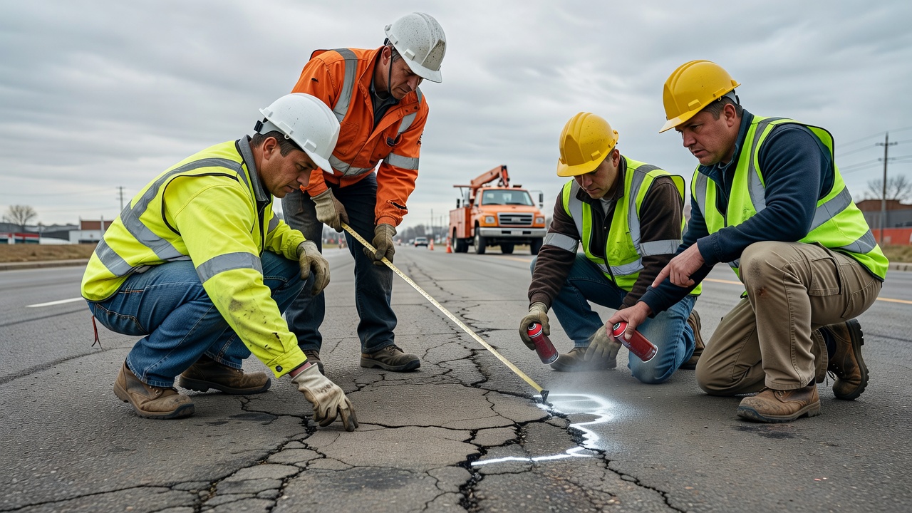 Road maintenance workers examining a marked area of asphalt before repair