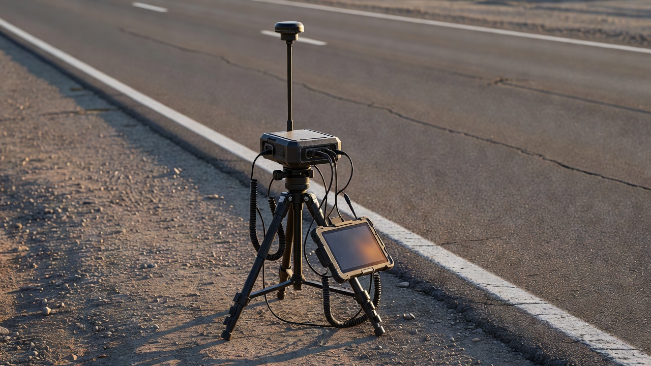 Survey positioning equipment set beside a road with the pavement in the background